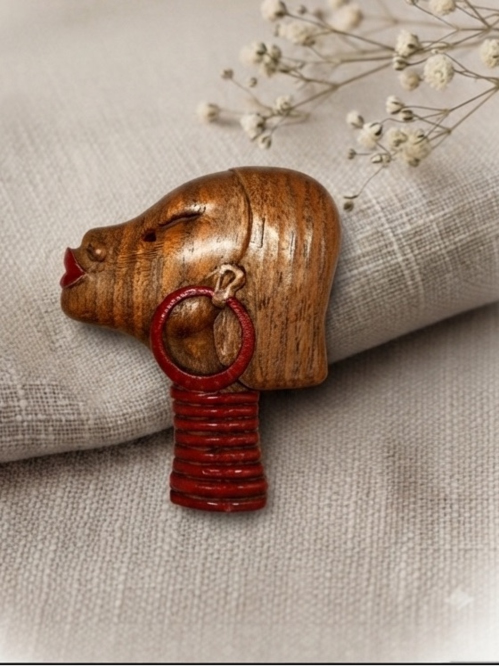 Vintage Hand-Carved Wooden Statement Brooch: African Woman Art Piece